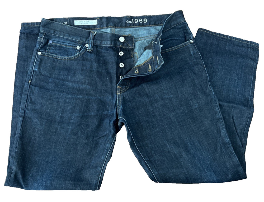 Men's Gap 1969 Authentic Skinny Jeans 36x30 Dark Wash Resin Rinse Button Fly